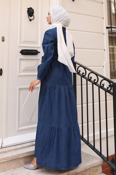 Knäppt Layered Denim Klänning Mörkblå - Image 3