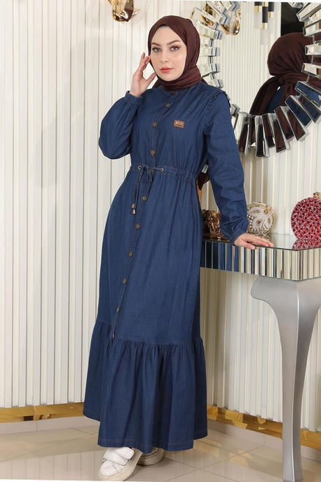 Knuten midja Knäppt Denim Klänning Mörkblå - Image 1