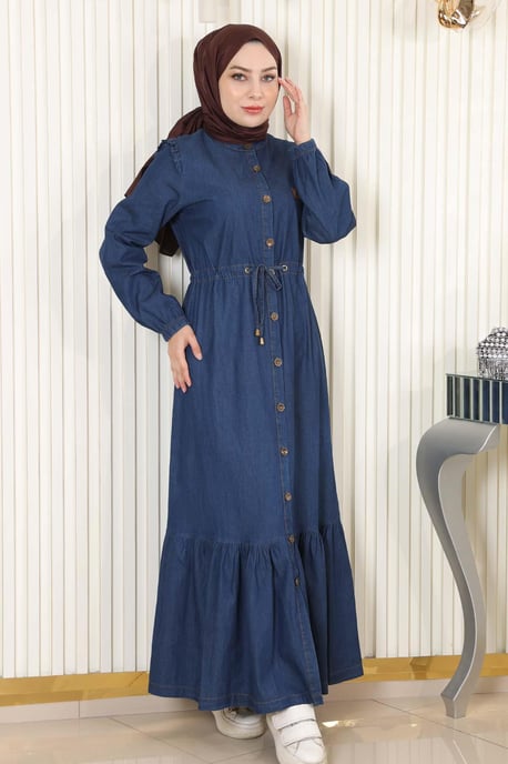 Knuten midja Knäppt Denim Klänning Mörkblå - Image 2