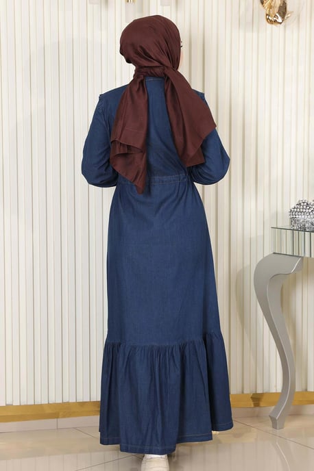 Knuten midja Knäppt Denim Klänning Mörkblå - Image 3