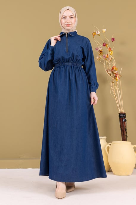 Med blixtlås Elastisk midja Denim Klänning Mörkblå - Image 2