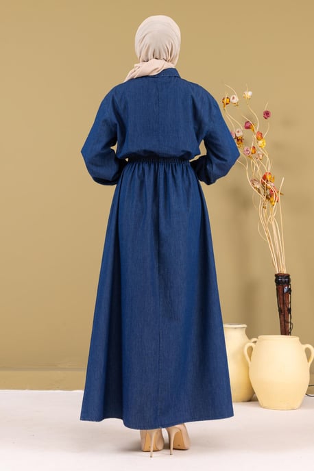 Med blixtlås Elastisk midja Denim Klänning Mörkblå - Image 3