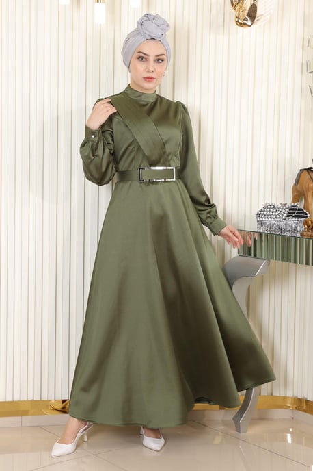 Draperad Satin Aftonklänning Khaki - Image 1