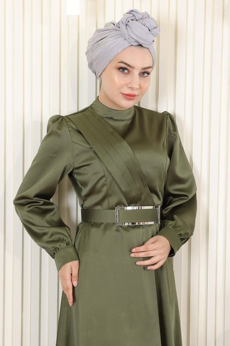 Draperad Satin Aftonklänning Khaki - Image 4