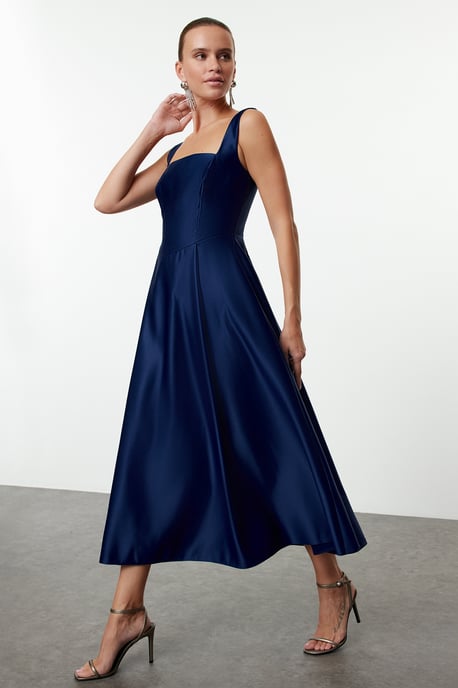 Women's Navy blue Straight Midi hanging Cocktail Fitted Dress - Image 1
