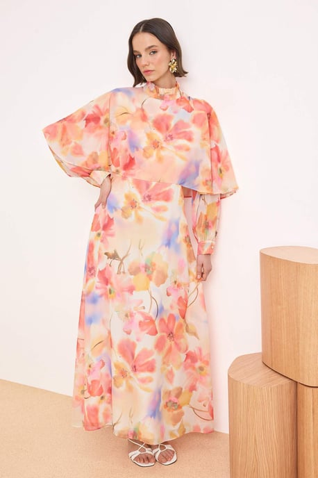 Lange maxi-jurk met bloemenprint en A-lijn model voor dames, geschikt voor hijab. - Image 4