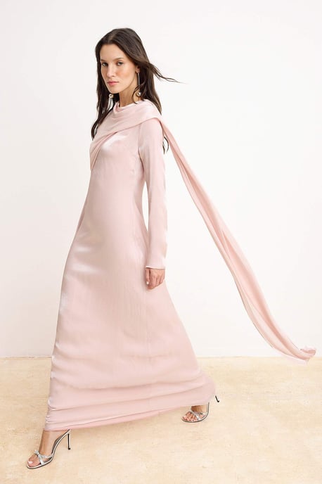 Roze platte maxi-jurk voor dames, lange chique/nachtelijke A-lijn bescheiden avondjurk - Image 1