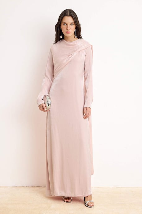 Roze platte maxi-jurk voor dames, lange chique/nachtelijke A-lijn bescheiden avondjurk - Image 4