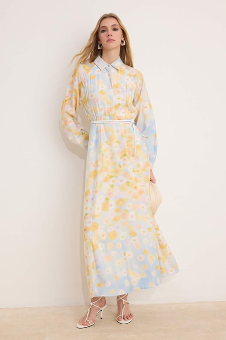 Marineblauwe maxi-jurk met bloemenprint voor dames, lange casual/dagelijkse A-lijn jurk met hijab - Image 4