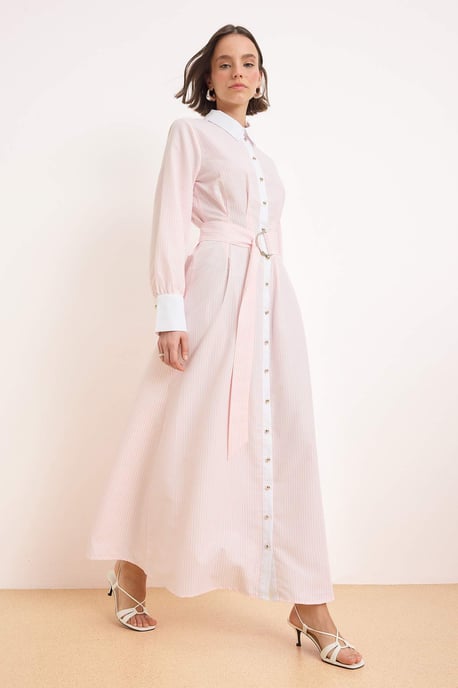 Marineblauwe gestreepte maxi-jurk voor dames, casual/dagelijks, skatermodel met hijab - Image 4