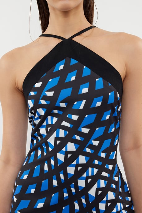 Maxi-jurken voor dames met geometrische en mosterdprint, spaghettibandjes, geschikt voor avond- of dagelijks gebruik, normale pasvorm. - Image 3
