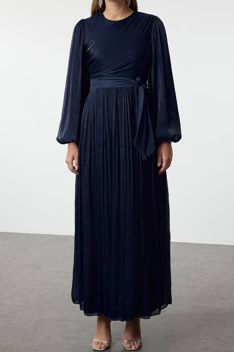 Damesjurk, marineblauw, recht model, lang, stijlvol/nachtelijk, normale hijab-avondjurk - Image 3