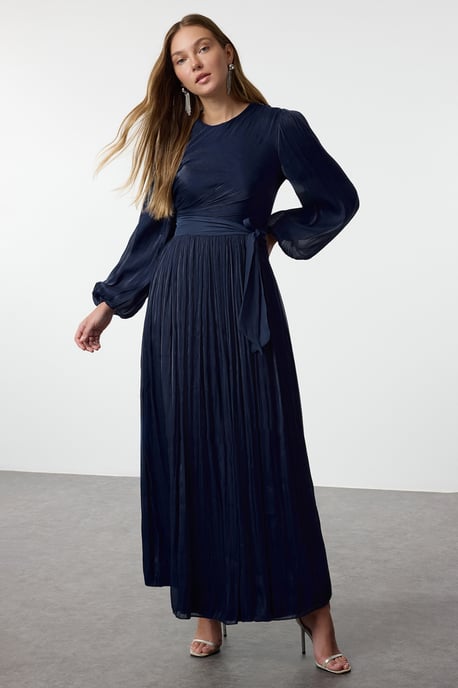 Damesjurk, marineblauw, recht model, lang, stijlvol/nachtelijk, normale hijab-avondjurk - Image 4