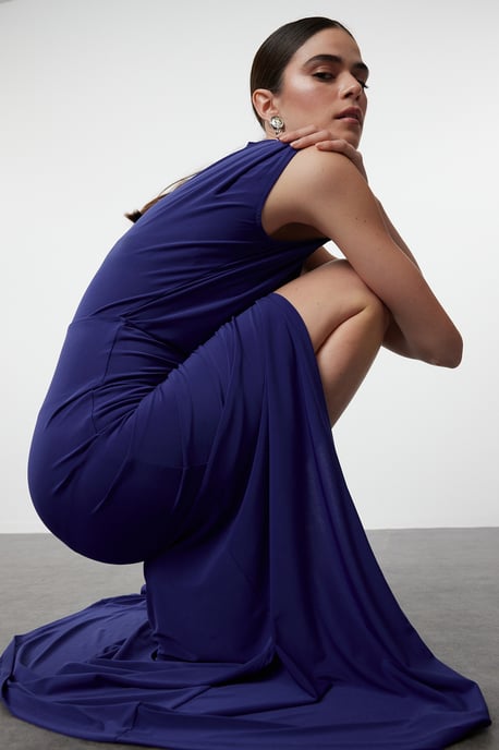 Damesjurk Blau Unifarben Maxi Lange Afstudeer-/Galajurk Slim fit Avond- & Galajurk - Image 4