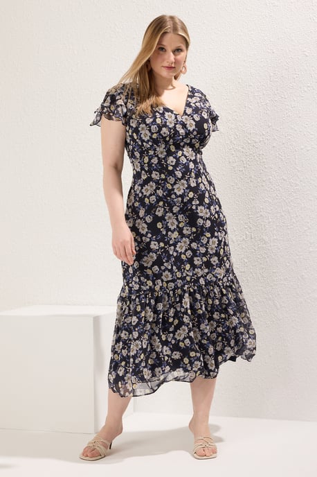 Curve Women's Navy blue Flowering Midi Sleeveless Cocktail Fitted Plus Size Dress - Image 1