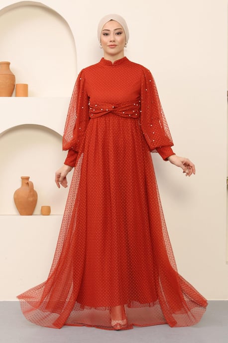 Pearl Detailed Tulle Evening Dress Tile - Image 1