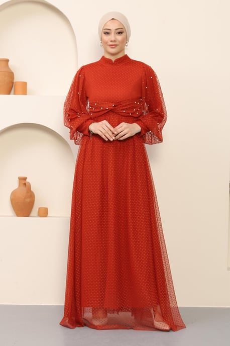 Pearl Detailed Tulle Evening Dress Tile - Image 2