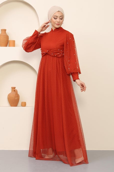 Pearl Detailed Tulle Evening Dress Tile - Image 3