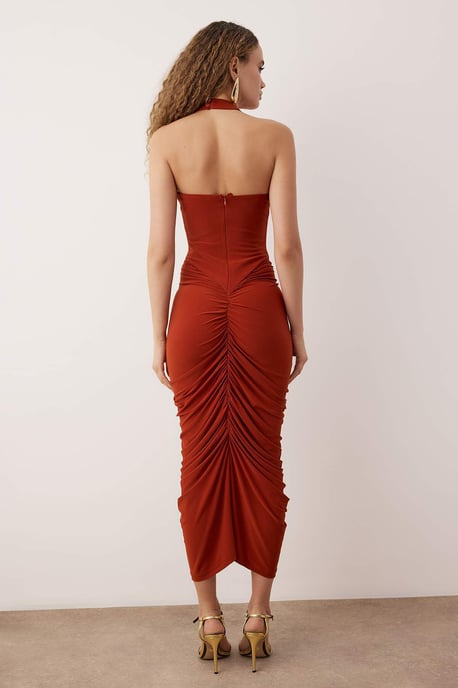 Brun Unifarben Midi Ärmlös Cocktailklänning med Bodycon-motiv för Dam - Image 3