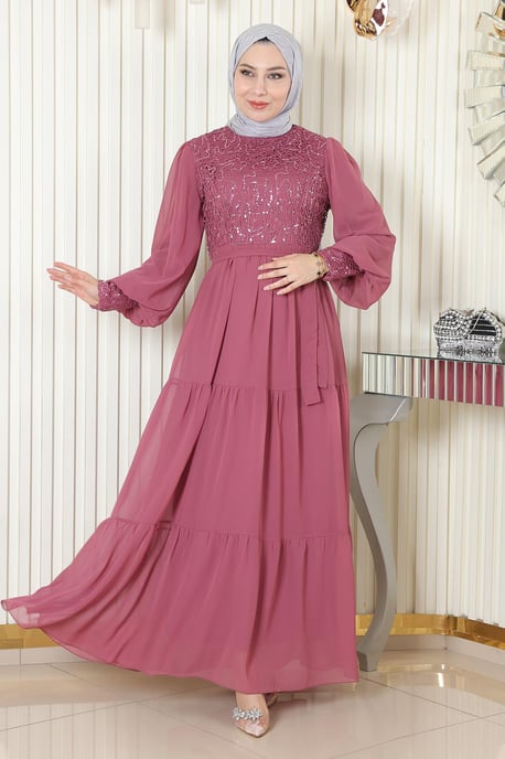 Paljetter Chiffong Aftonklänning Dammig rosa - Image 1