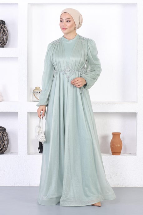 Pearly Lace Glitter Evening Dress Mint - Image 1