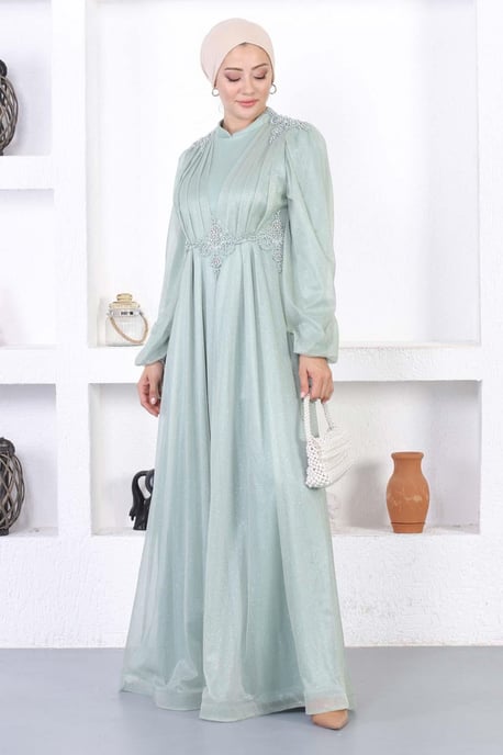 Parelmeer Kant Glitter Avondjurk Mintgroen - Image 3
