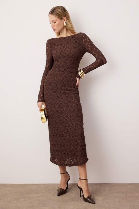 Brun Unifarben Maxilång Chic/Night Bodycon-klänning för kvinnor - Image 4