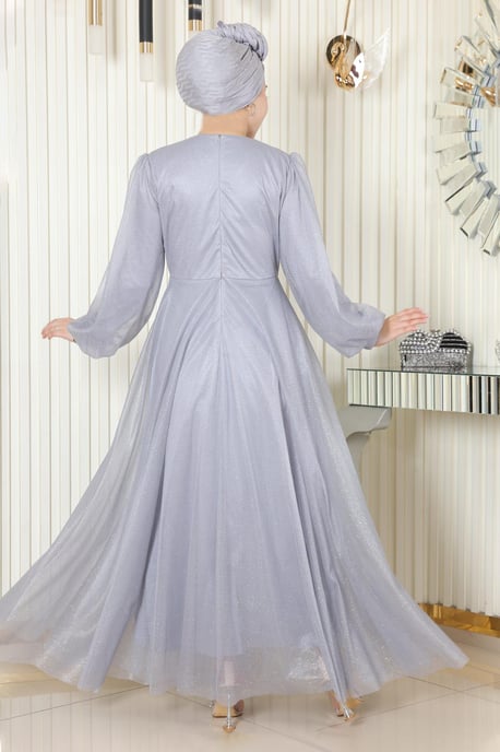Pärl Detailed Draperad Glittrande Aftonklänning Grå - Image 3