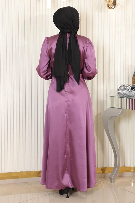 Satin Aftonklänning With Sten Details, Dammig rosa - Image 3