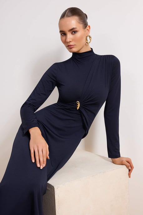 Marinblå platt maxilång klänning med hijab, bodycon-mönster och avslappnad passform för kvinnor - Image 4
