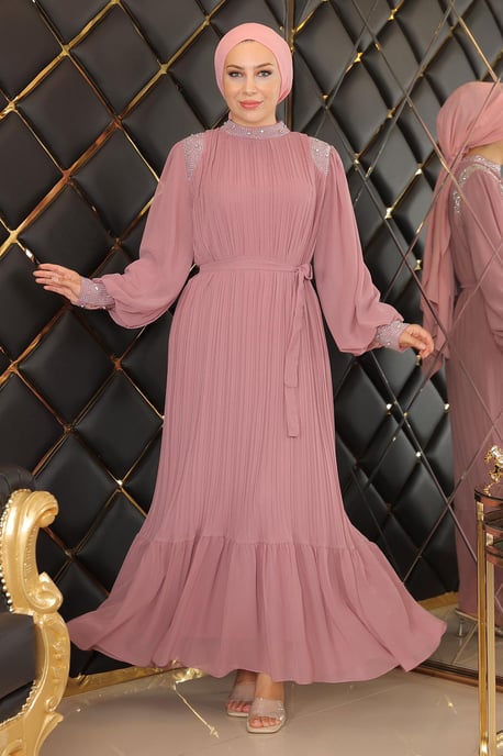 Veckad Med stenar Chiffong Aftonklänning Dammig rosa - Image 1