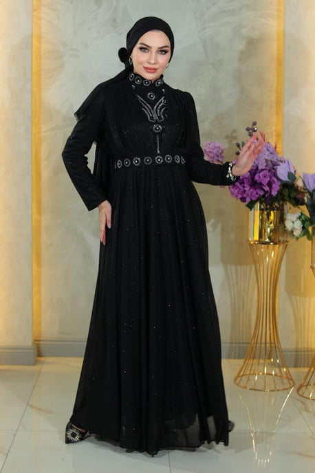 Stone Detailed, Draped Chest, Glittery Evening Dress, Black - Image 1