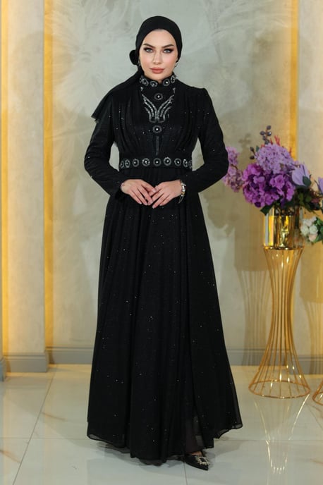 Stone Detailed, Draped Chest, Glittery Evening Dress, Black - Image 2