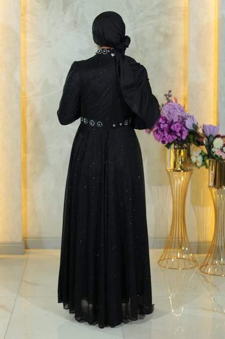 Stone Detailed, Draped Chest, Glittery Evening Dress, Black - Image 3