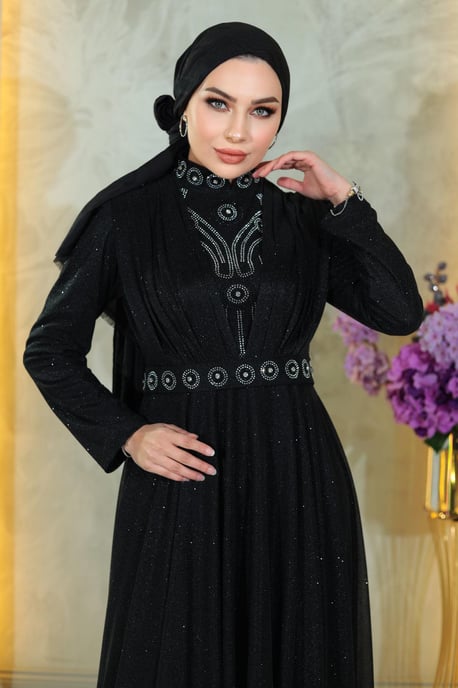 Stone Detailed, Draped Chest, Glittery Evening Dress, Black - Image 4