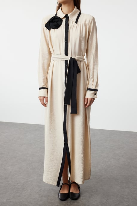 Dam ecru rak maxi lång casual/daglig hijabklänning - Image 3