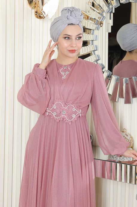 Parel Detailed Gedrapeerd Glitter Avondjurk Oud roze - Image 4