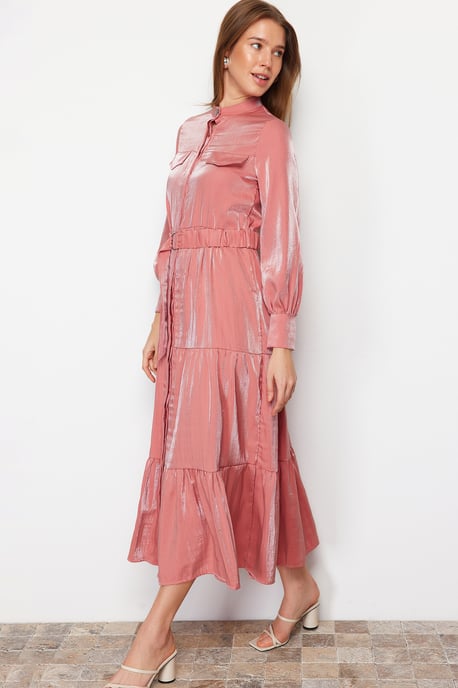Dam Rosa Unifarben Långa Eleganta Normala Passformen Moderiktiga Modeklänningar - Image 4