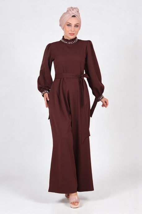 Parel Detailed Jumpsuit-jurk Bruin - Image 1