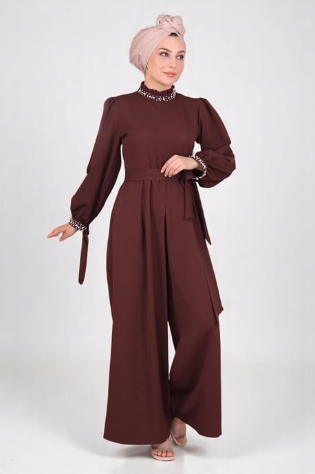 Parel Detailed Jumpsuit-jurk Bruin - Image 2