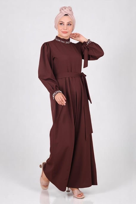 Parel Detailed Jumpsuit-jurk Bruin - Image 3