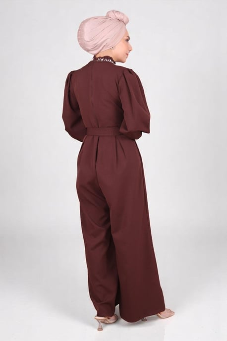 Parel Detailed Jumpsuit-jurk Bruin - Image 4