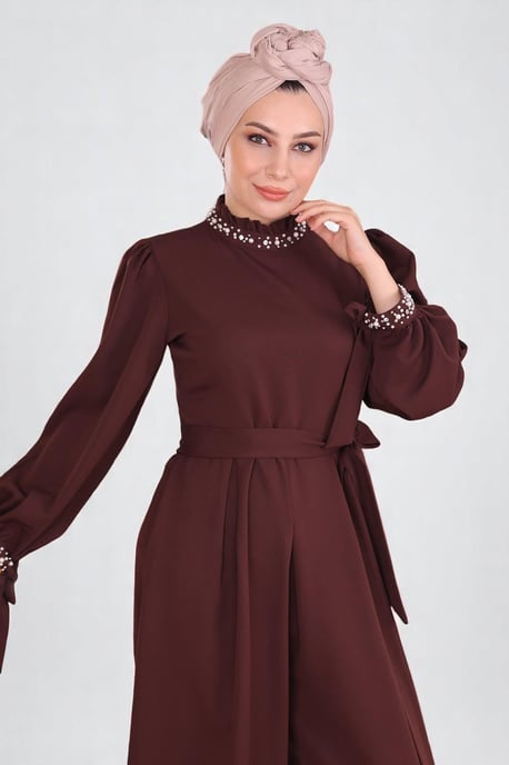 Parel Detailed Jumpsuit-jurk Bruin - Image 5