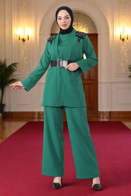 Kant Detailed Jumpsuit Pak Smaragdgroen - Image 1