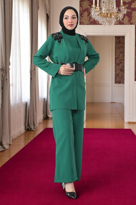 Kant Detailed Jumpsuit Pak Smaragdgroen - Image 2