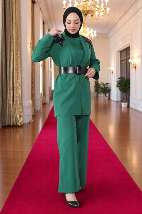 Kant Detailed Jumpsuit Pak Smaragdgroen - Image 3