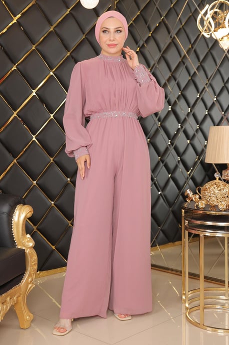 Stone Detailed Chiffon Jumpsuit Evening Dress Dusty Rose - Image 1