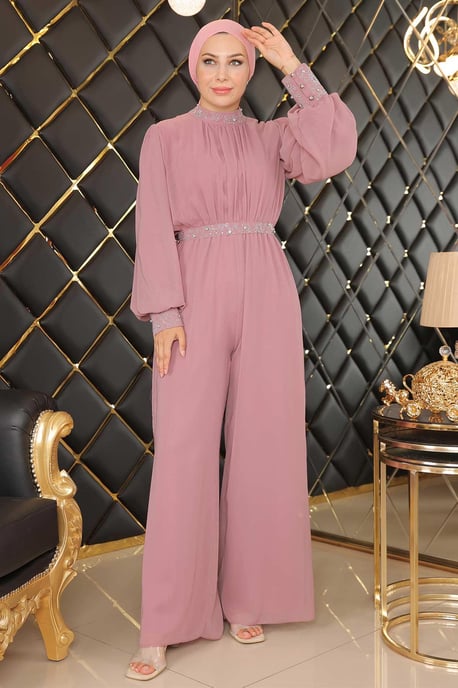Stone Detailed Chiffon Jumpsuit Evening Dress Dusty Rose - Image 3