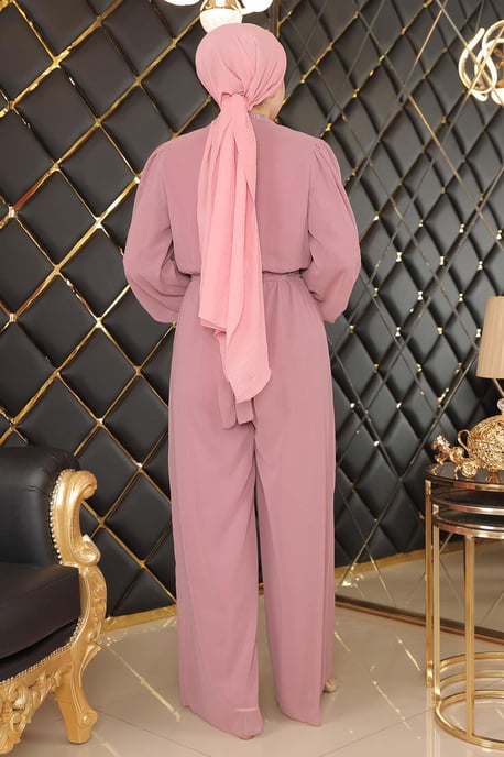 Stone Detailed Chiffon Jumpsuit Evening Dress Dusty Rose - Image 4