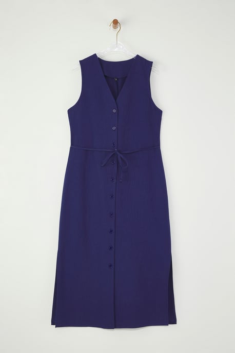 Marineblauwe, rechte, mouwloze midi-jurk voor dames, geschikt voor dagelijks gebruik. - Image 1